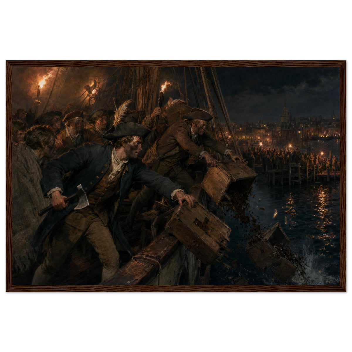 Framed print of the Boston Tea Party, ready to hang.