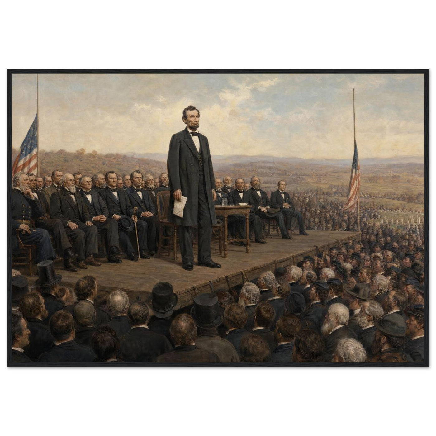 Framed art print of President Lincoln addressing the crowd at Gettysburg from a draped platform, in a solid wood frame.