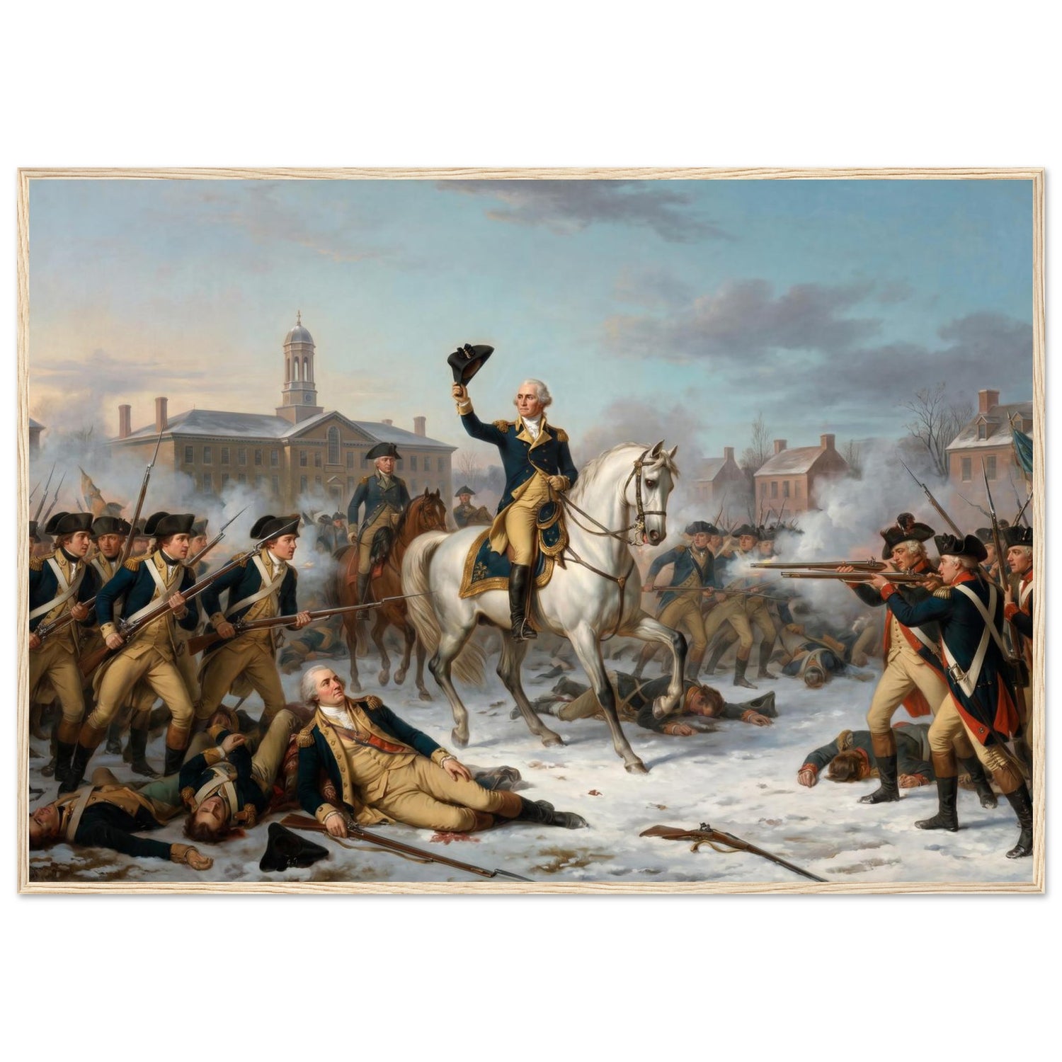 Framed print of Washington rallying the troops at Trenton, ready to hang.
