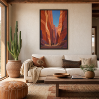 Canyon Riders framed print, 24x36 inch, shown above a sofa in a warm southwestern living room.