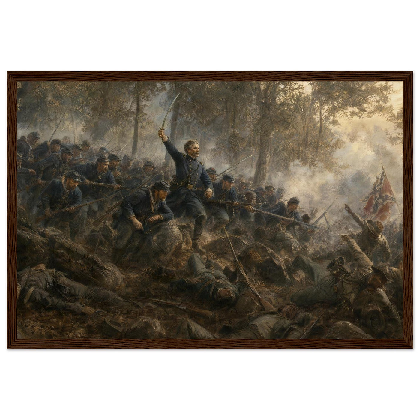 Framed art print of Union infantry charging up a rocky ridge with the colors flying, in a solid wood frame.
