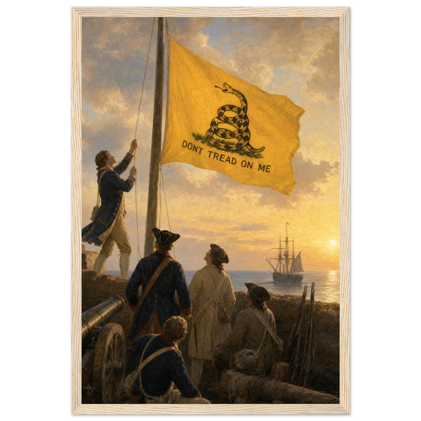 Framed print of the Gadsden 'Don't Tread on Me' flag at sea, ready to hang.