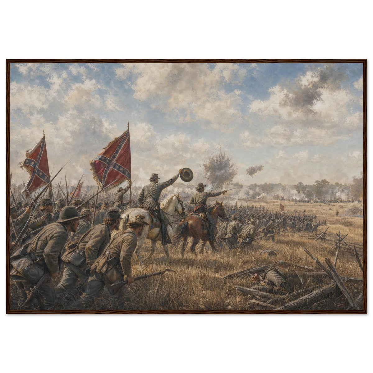 Framed art print of Civil War troops charging across a battlefield beneath a golden dusk sky, in a solid wood frame.