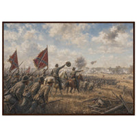 Framed art print of Civil War troops charging across a battlefield beneath a golden dusk sky, in a solid wood frame.