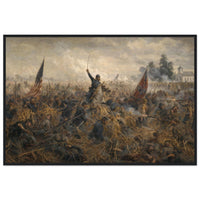 Framed panoramic art print of the Battle of Antietam, in a solid wood frame.