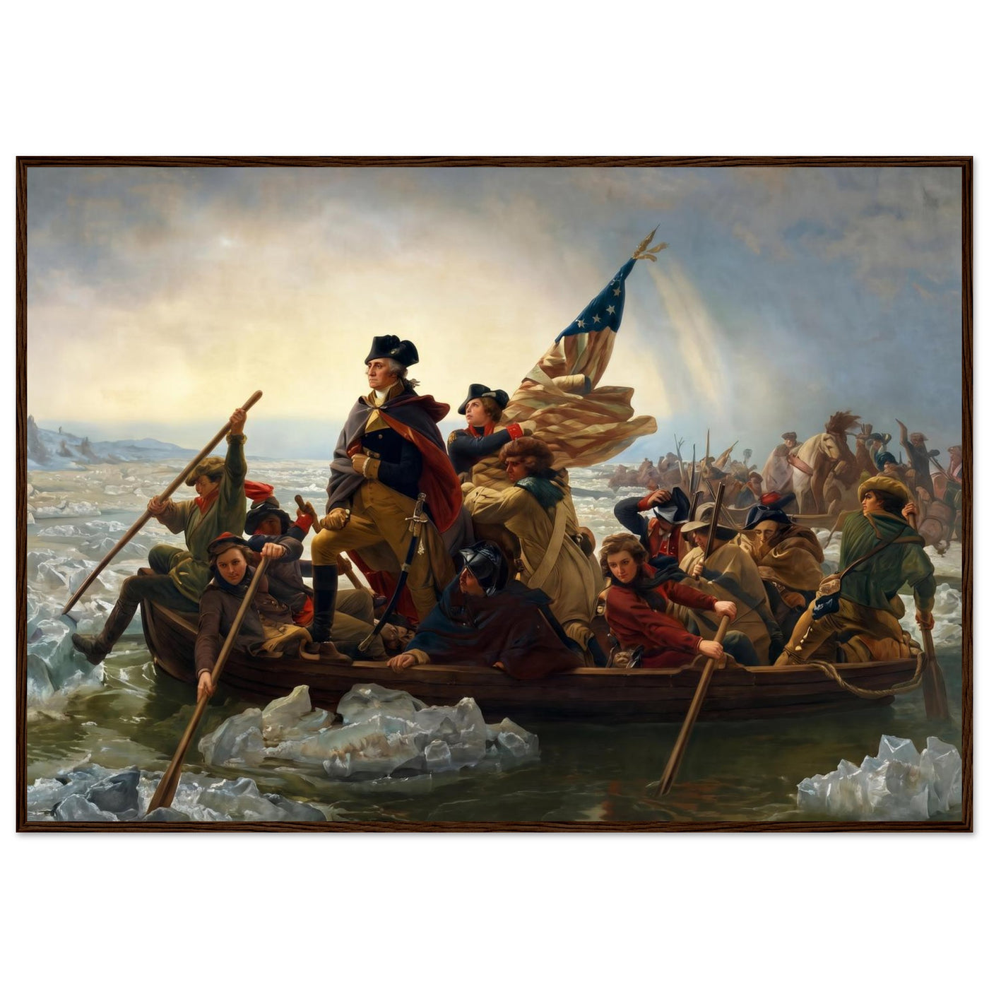 Wooden framed print of Washington crossing the Delaware — room view, ready to hang.