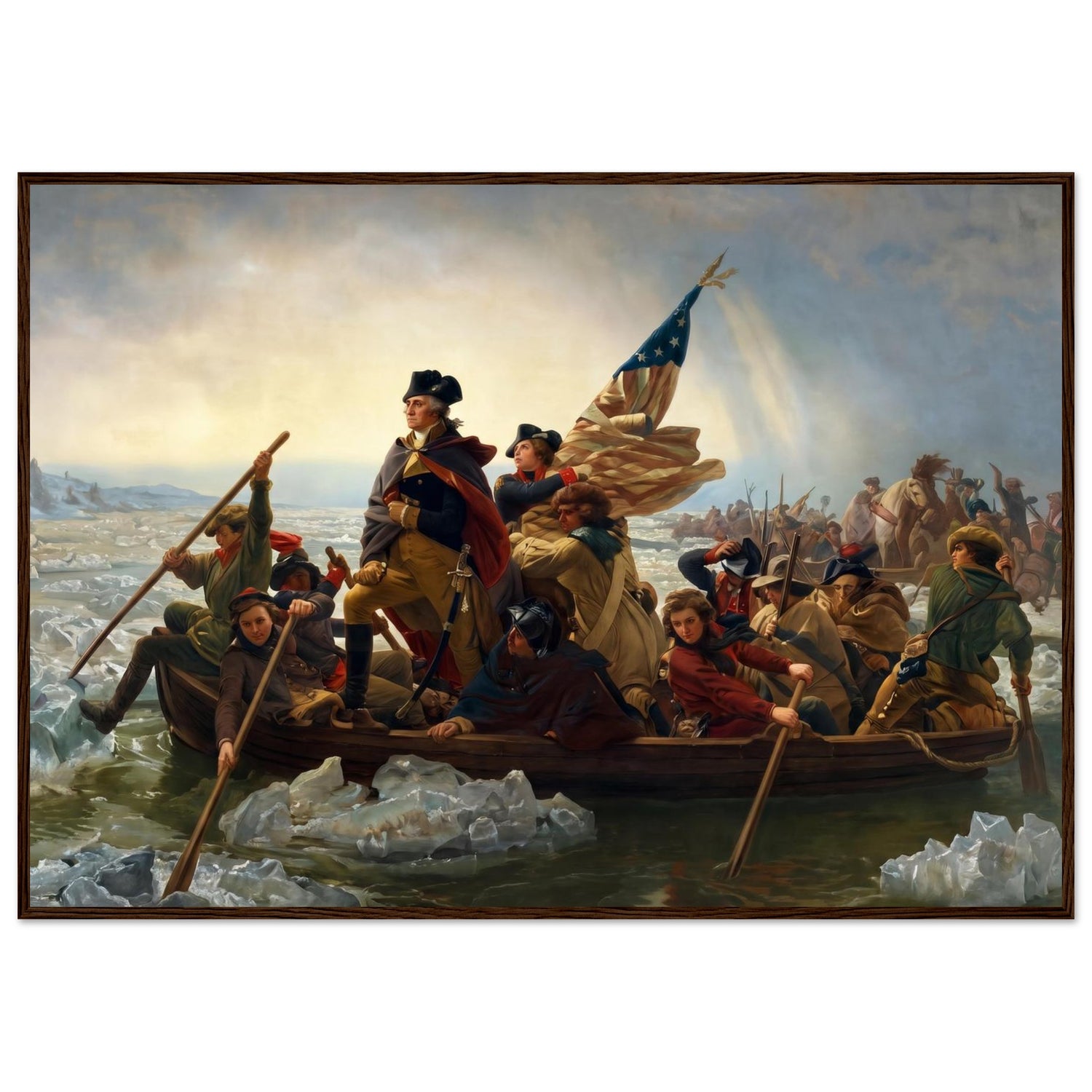 Wooden framed print of Washington crossing the Delaware — room view, ready to hang.