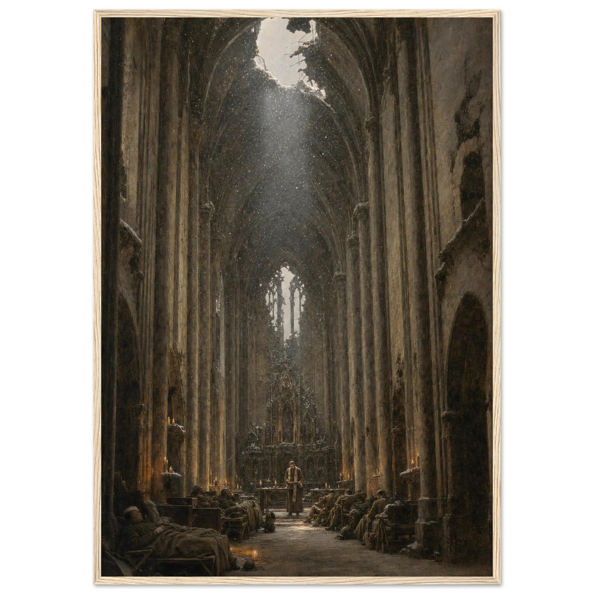 The Vault at Christmas — framed fine art print of soldiers resting in a bombed church nave, 12x18″ in a natural wood frame