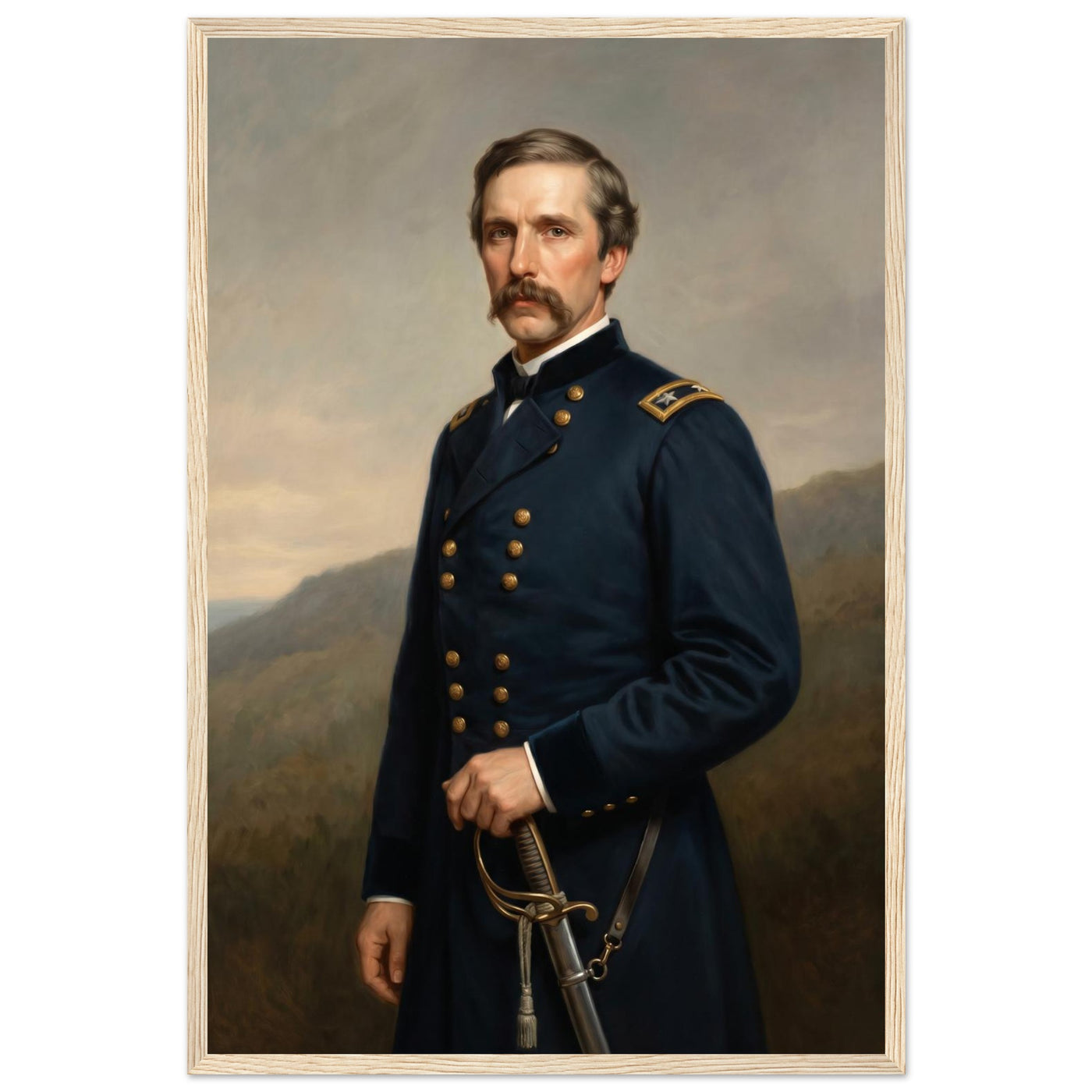 Framed portrait of a Union general, ready to hang.
