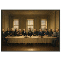 The Presidents' Table — framed fine art print of thirteen presidents along a long table, Lincoln at center, the Capitol dome in the window, in a black frame