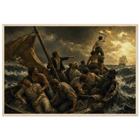 The Wreck of the Essex — framed fine art print of shipwrecked whalemen crowded in an open boat, one waving a shirt at a distant ship, in a natural wood frame