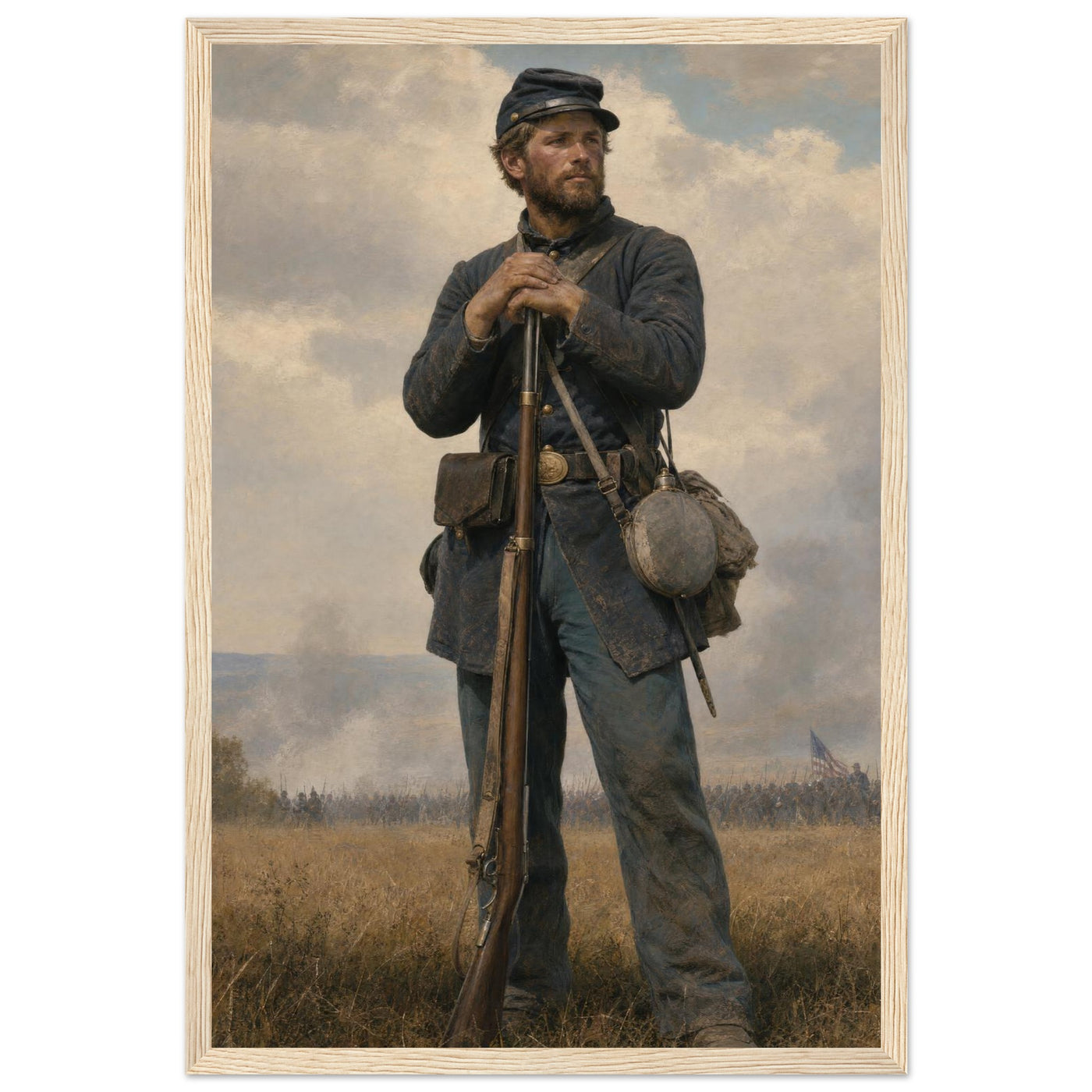 Framed portrait painting of a weary Union soldier standing at rest, leaning on his rifle, in a solid wood frame.