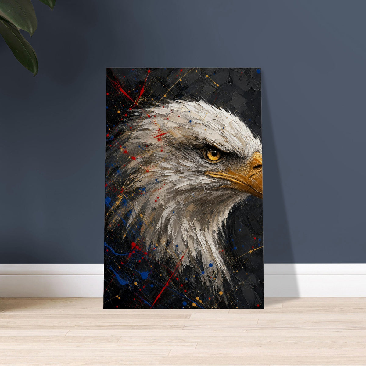 The Sentinel — canvas print of a close-up bald eagle head with red, white and blue paint splatters on black