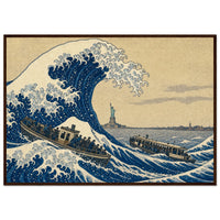 The Great Wave off Manhattan — framed fine art print of a towering blue wave over two crowded harbor ferries with the Statue of Liberty small beyond, in a dark wood frame