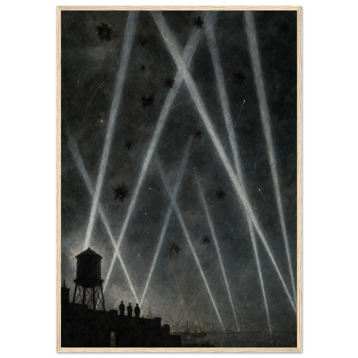 Searchlights Over the Harbor — framed print of searchlight beams and flak over a dark city, 12x18″ in a natural wood frame