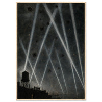 Searchlights Over the Harbor — framed print of searchlight beams and flak over a dark city, 12x18″ in a natural wood frame