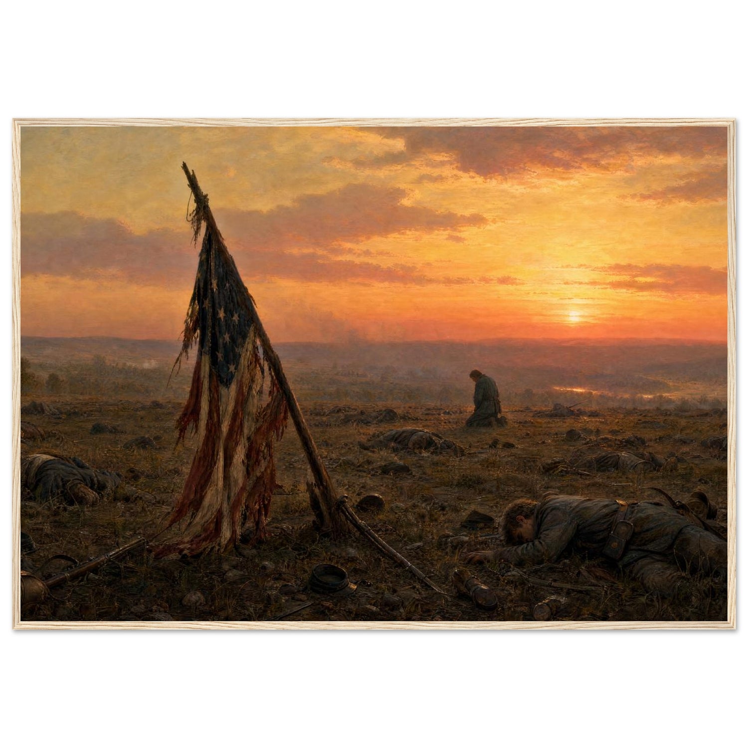 Framed art print of a Confederate flag-bearer silhouetted against a fiery sunset over a battlefield of the fallen, in a solid wood frame.