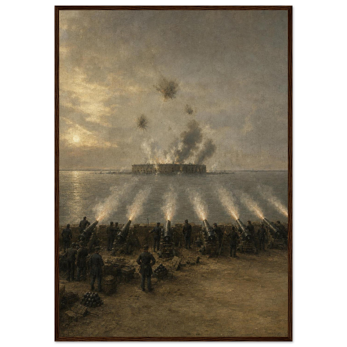 Fort Sumter, 1861 — framed fine art print of shore batteries firing on the fort at dawn, 28x40″ in a dark wood frame