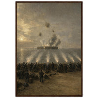 Fort Sumter, 1861 — framed fine art print of shore batteries firing on the fort at dawn, 28x40″ in a dark wood frame