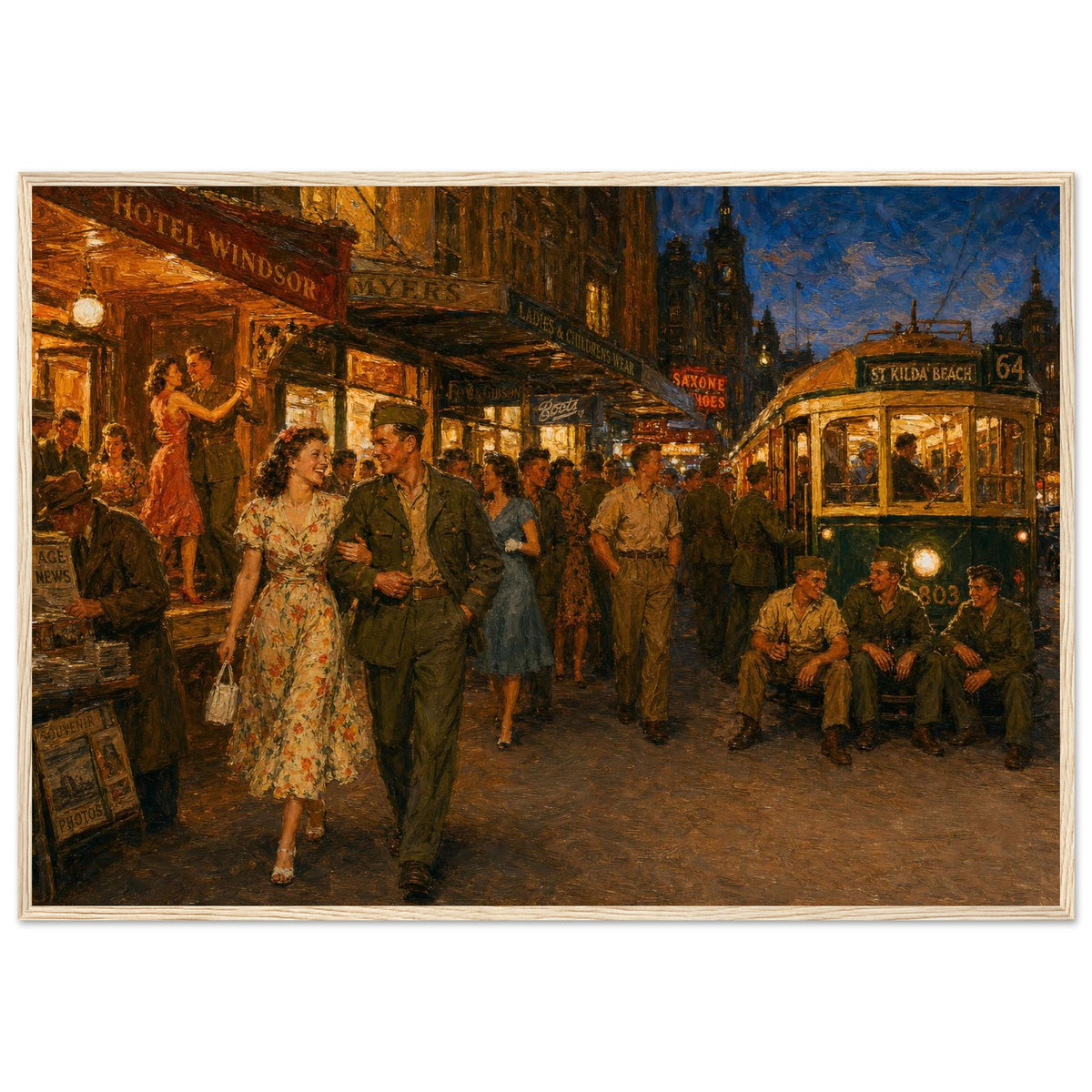 Leave in Melbourne — framed fine art print of a Marine and a girl on a city street at dusk, 12x18″ in a natural wood frame