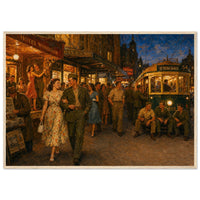 Leave in Melbourne — framed fine art print of a Marine and a girl on a city street at dusk, 12x18″ in a natural wood frame