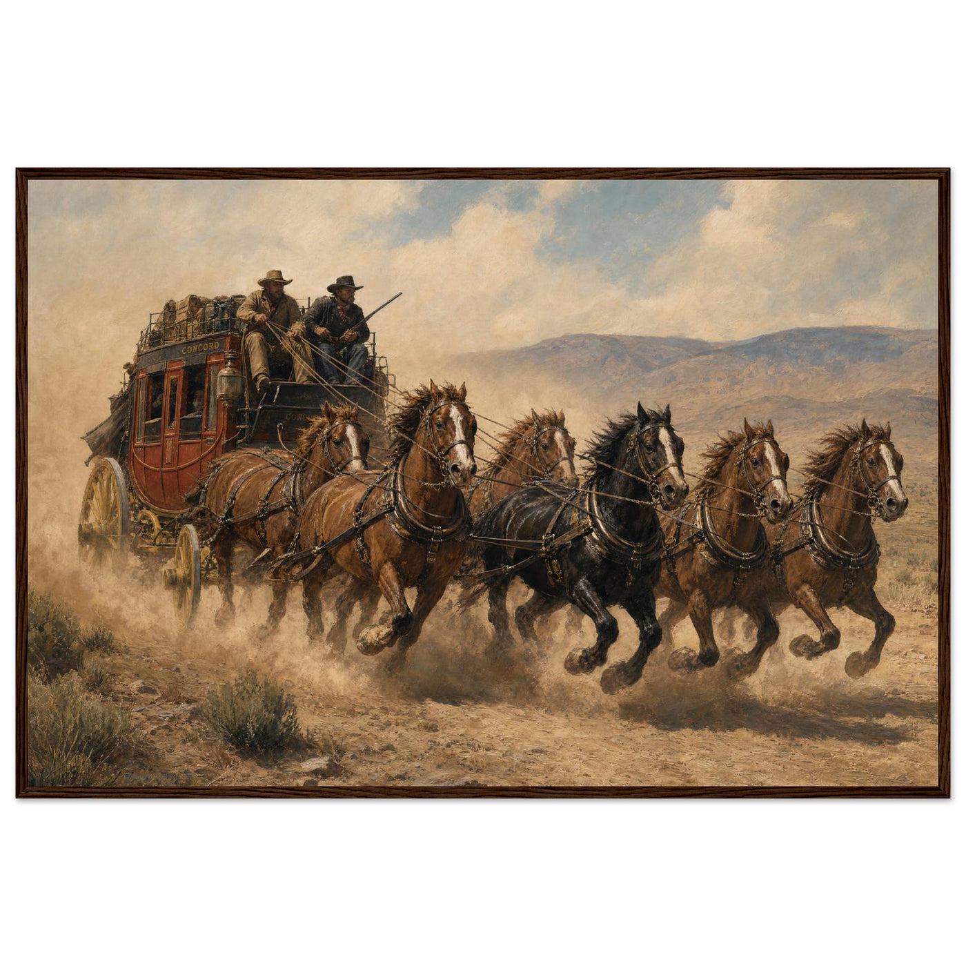 Wooden framed print of a Wild West stagecoach — room view, ready to hang.