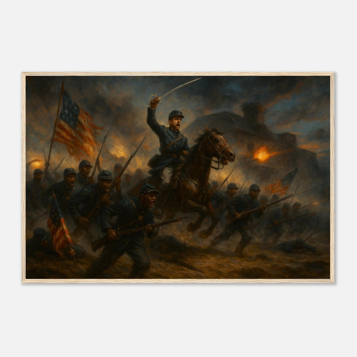 Framed print of the 54th Massachusetts charging Fort Wagner, ready to hang.