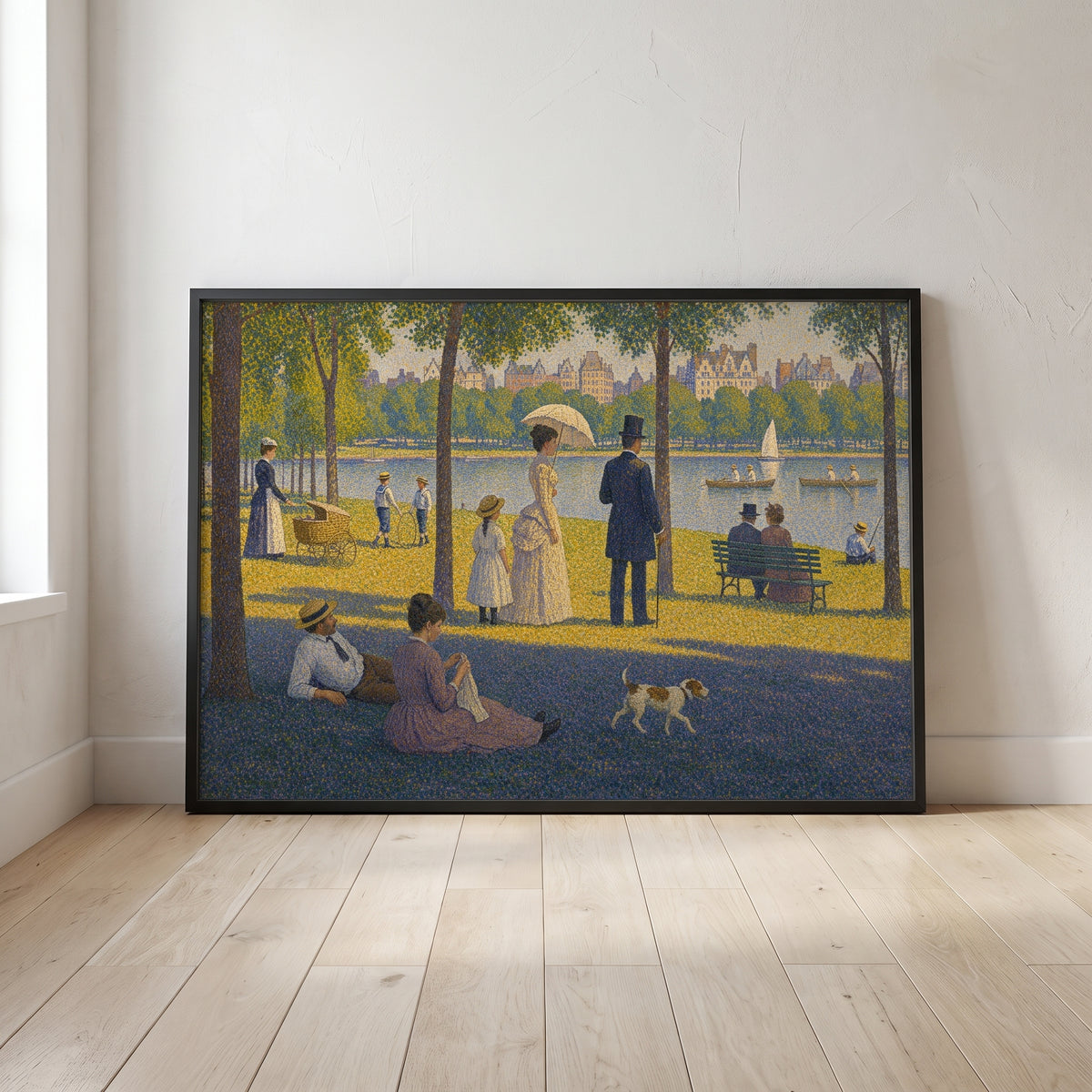 A Sunday Afternoon in Central Park framed print leaning against a wall