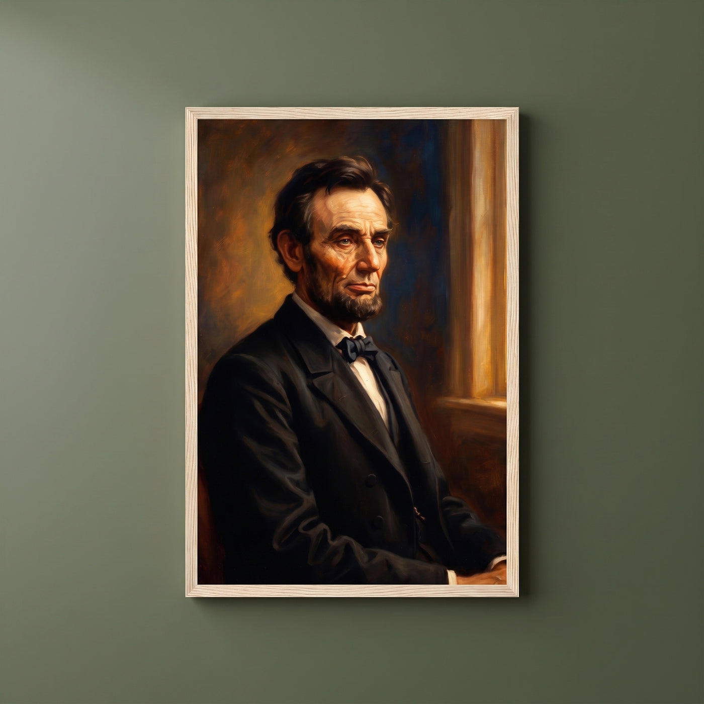 Abraham Lincoln framed print on a plain wall