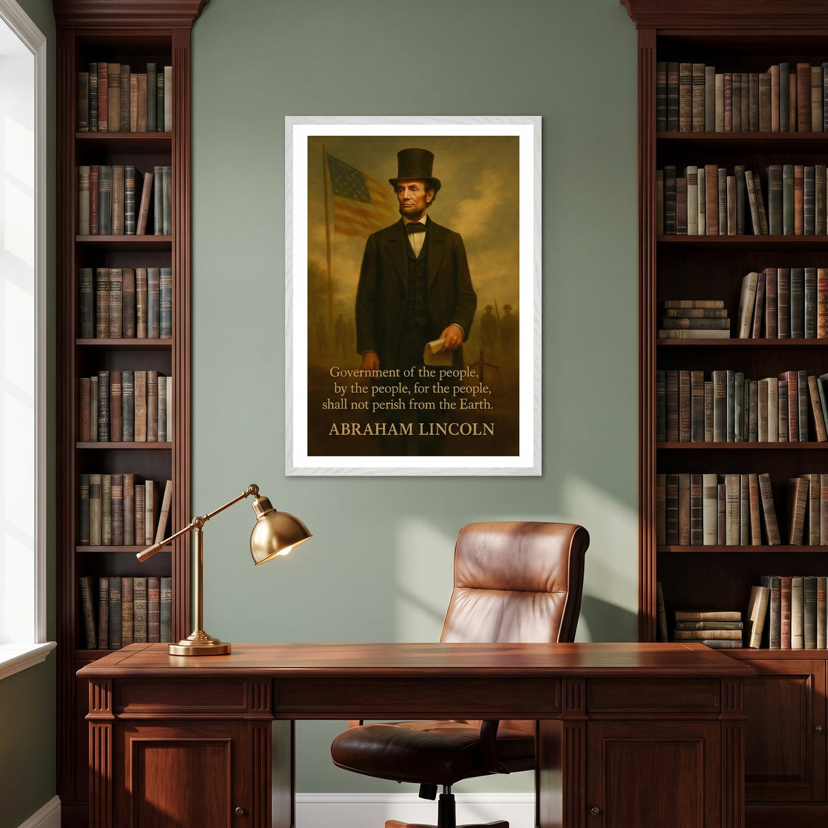 Abraham Lincoln - Shall not Perish framed print in a classic study with bookshelves