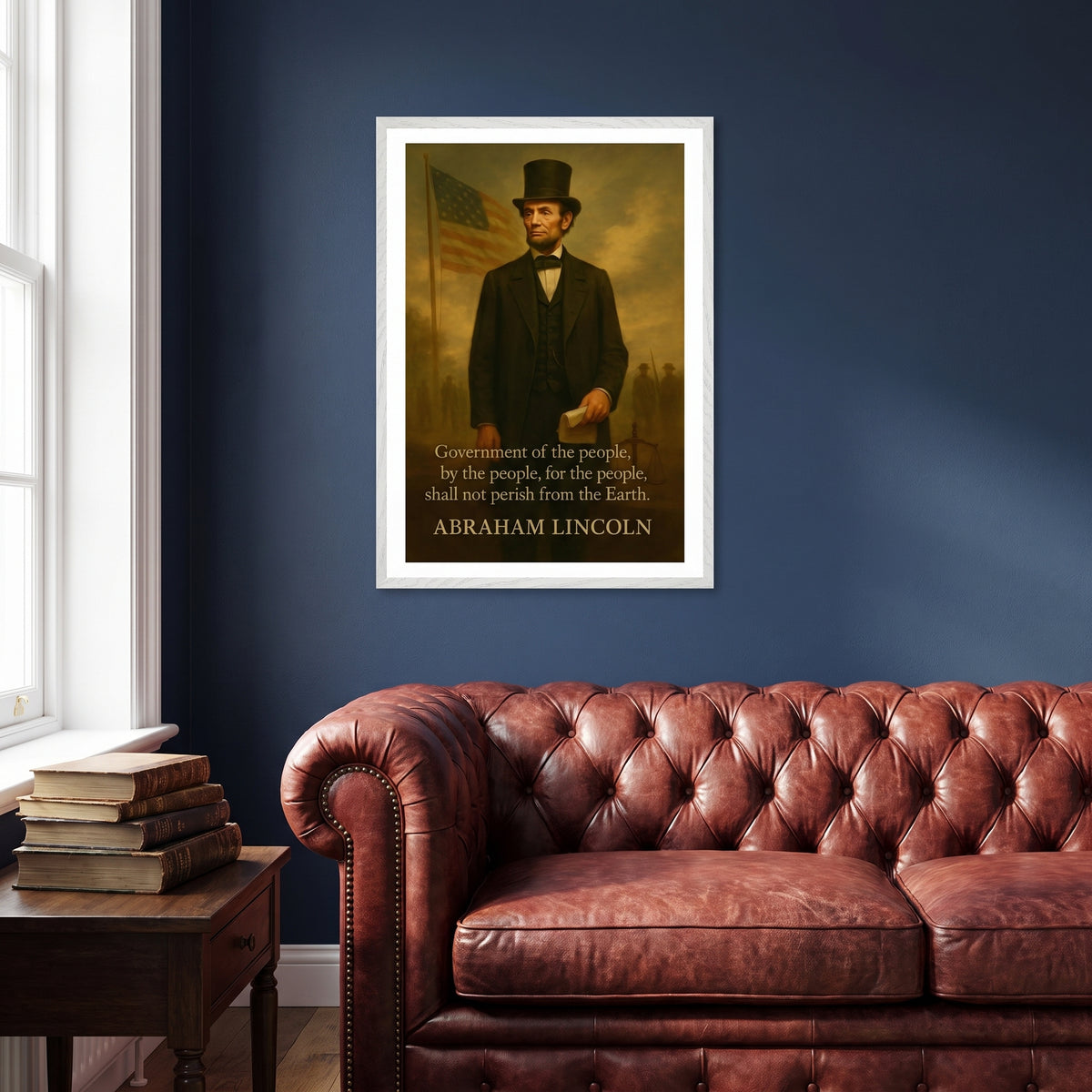 Abraham Lincoln - Shall not Perish framed print above a chesterfield sofa