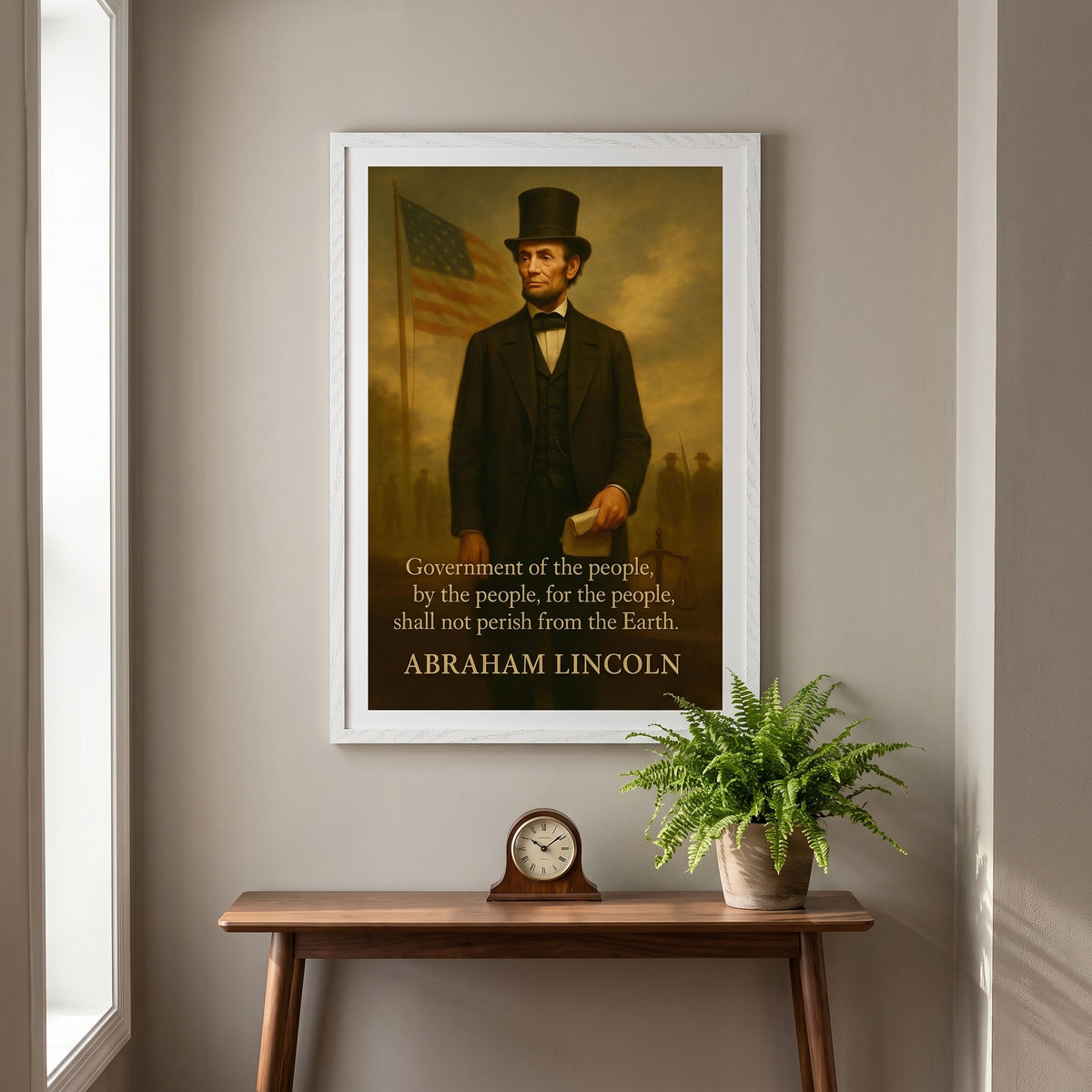 Abraham Lincoln - Shall not Perish framed print above a hallway console