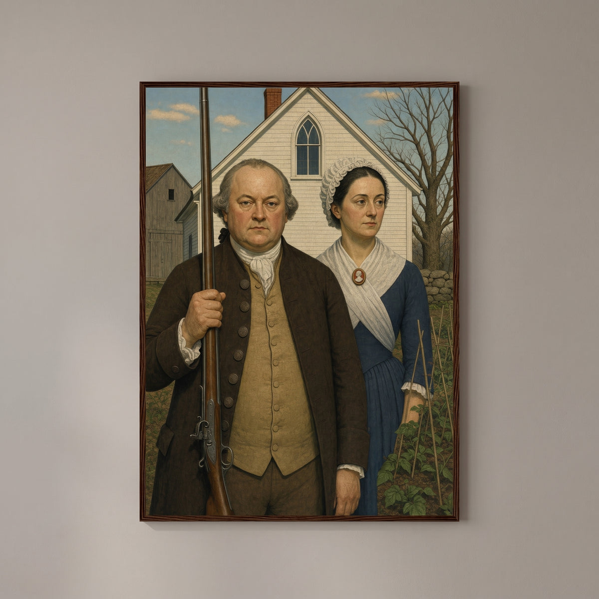 American Gothic, 1776 framed print on a plain wall