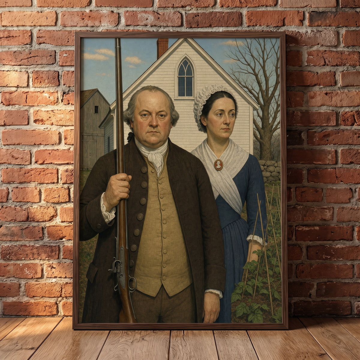 American Gothic, 1776 framed print leaning against a wall