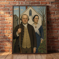 American Gothic, 1776 framed print leaning against a wall