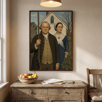 American Gothic, 1776 framed print hanging in a home interior