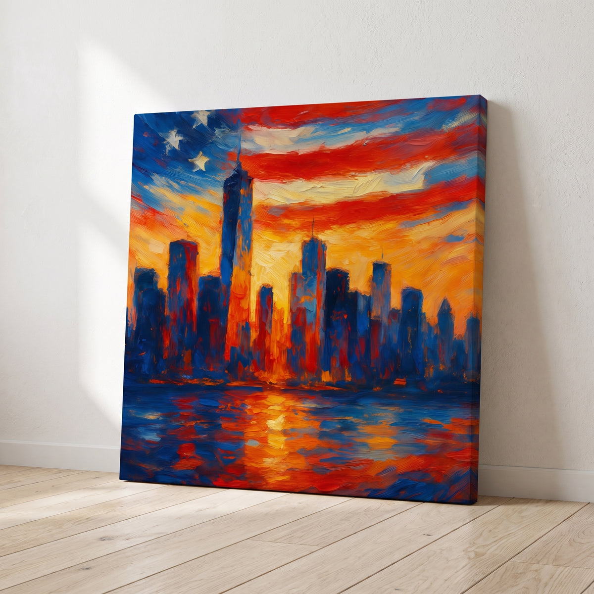American Skyline canvas print leaning against a wall