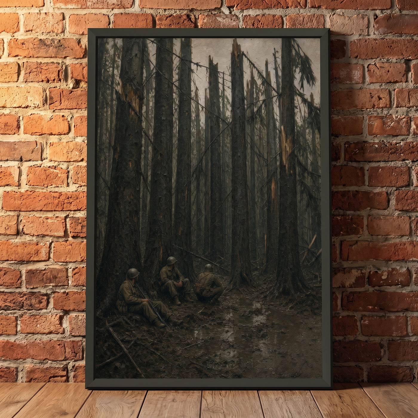 Among the Trunks, Hurtgen framed print leaning against a wall