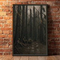 Among the Trunks, Hurtgen framed print leaning against a wall