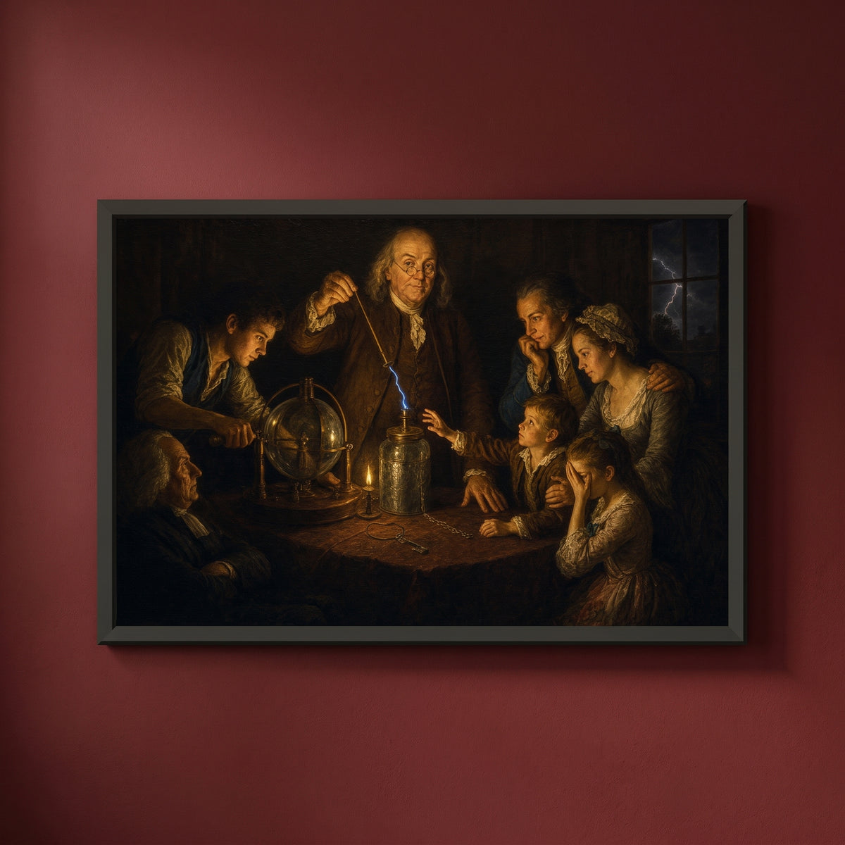 An Experiment on Electricity framed print on a plain wall