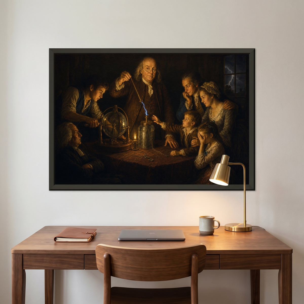 An Experiment on Electricity framed print hanging in a home interior