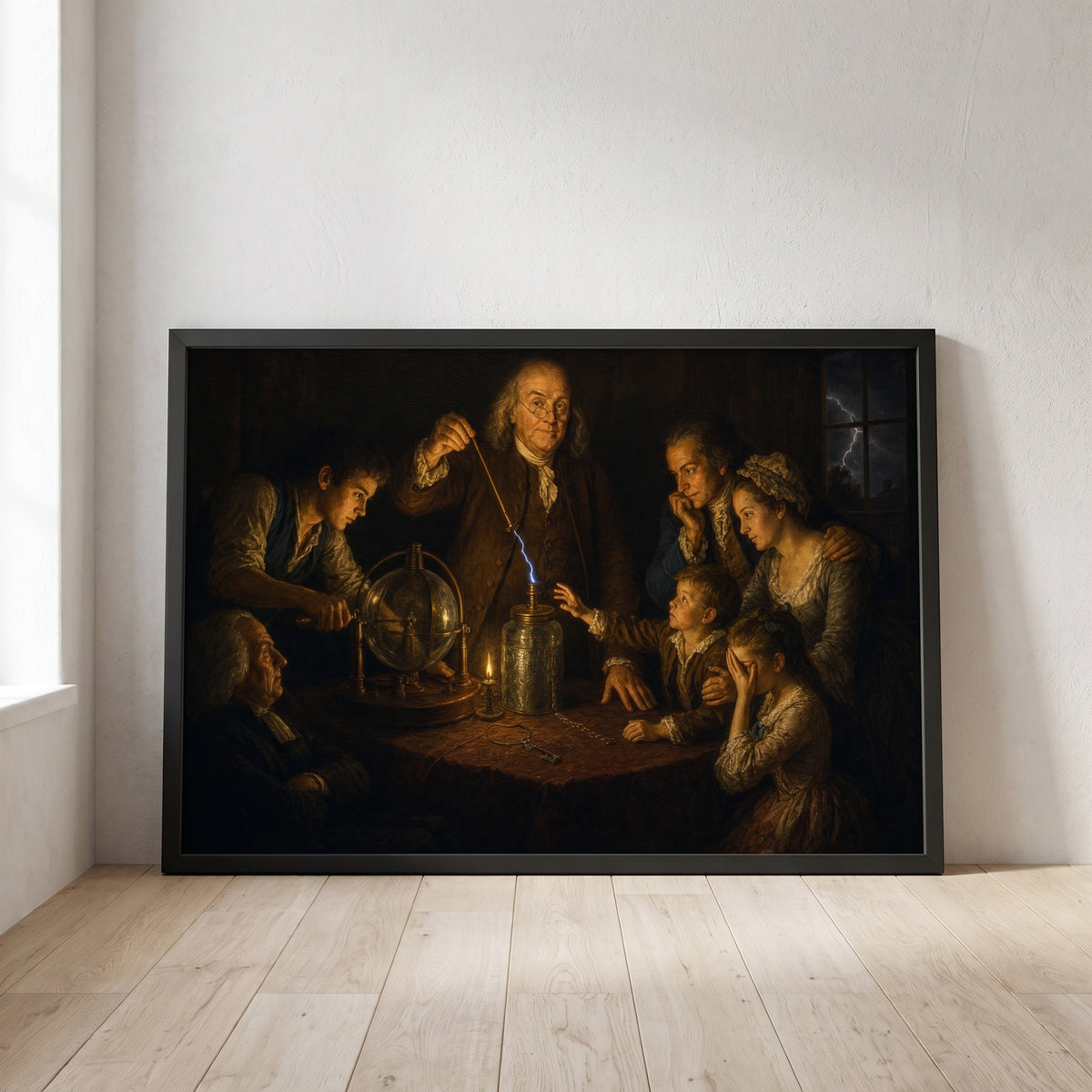 An Experiment on Electricity framed print leaning against a wall