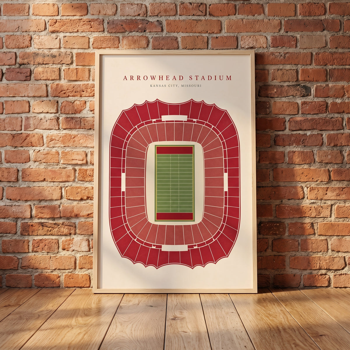 Arrowhead Stadium framed print leaning against a wall