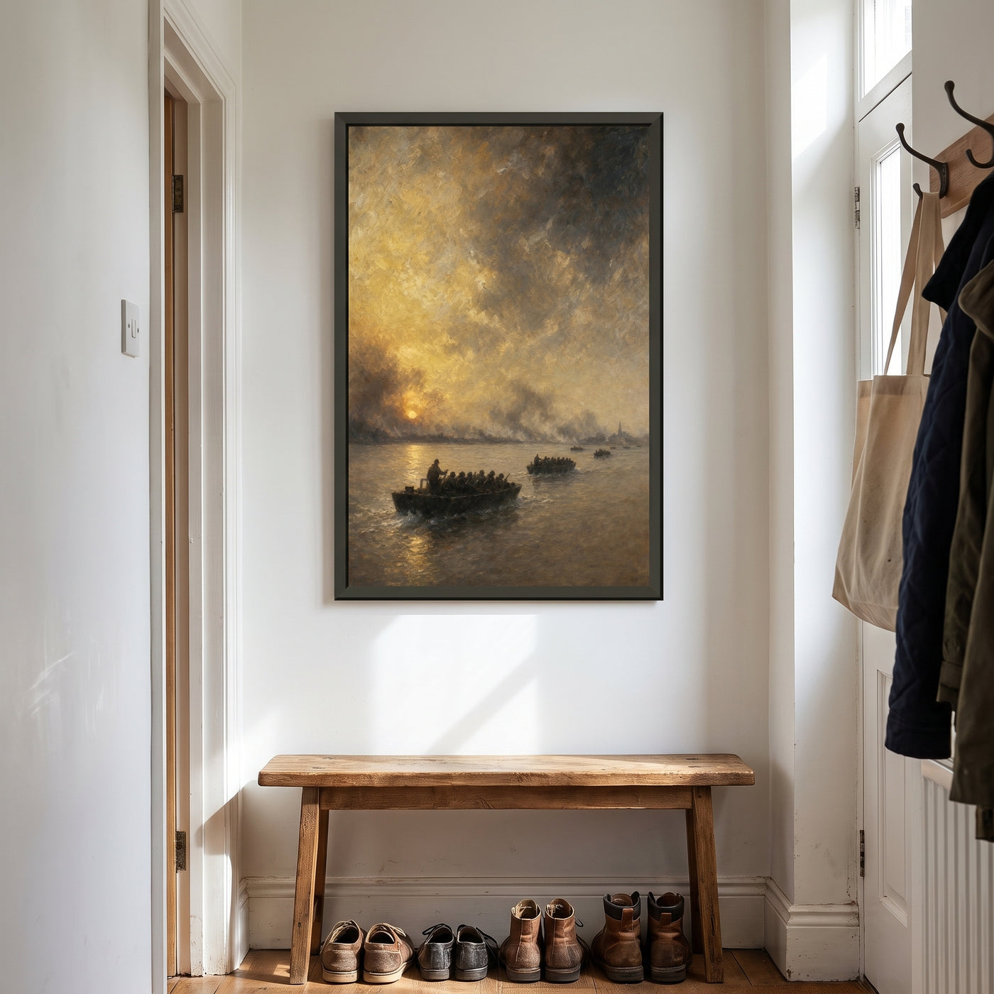 Assault Boats on the Rhine framed print hanging in a home interior