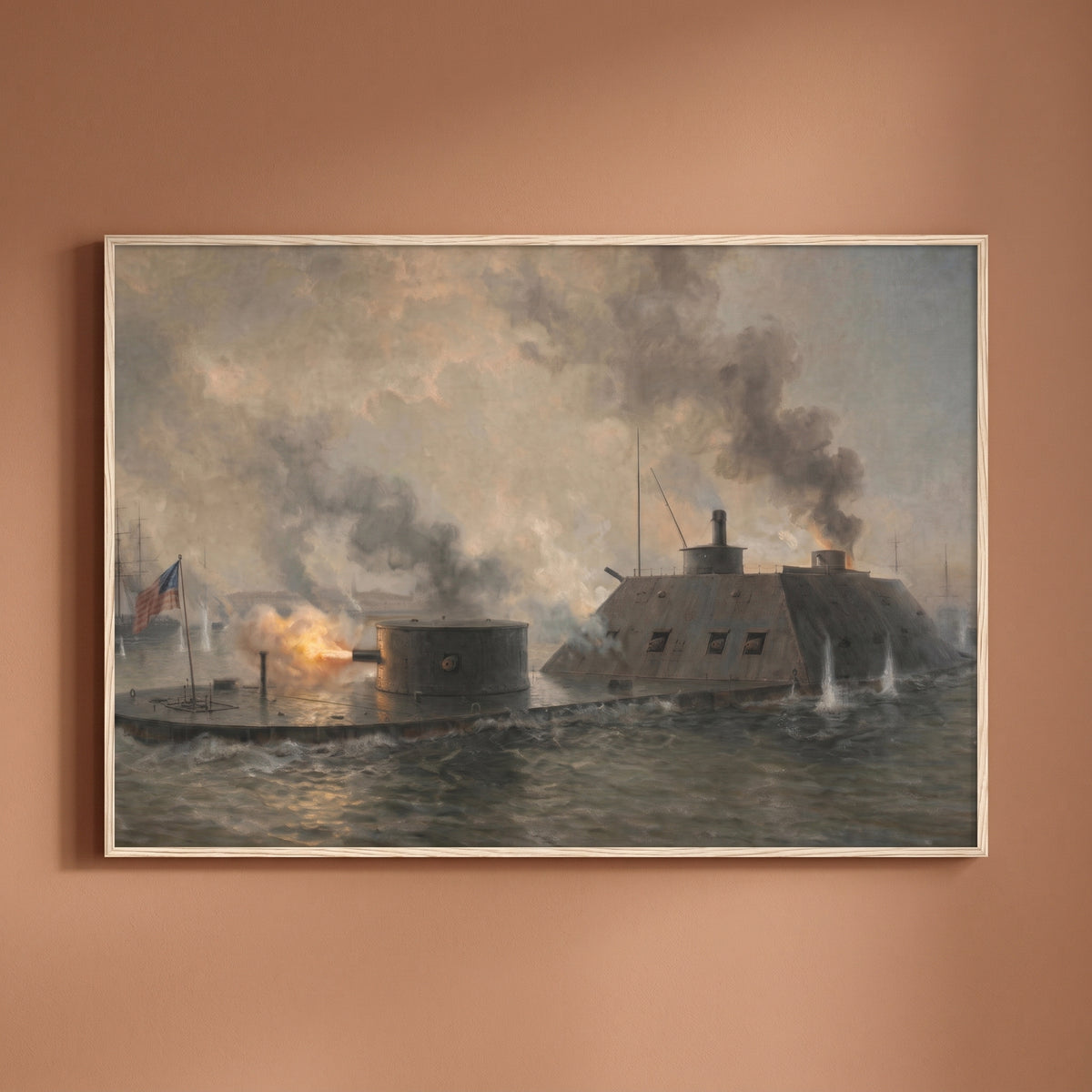 Battle of Hampton Roads framed print on a plain wall