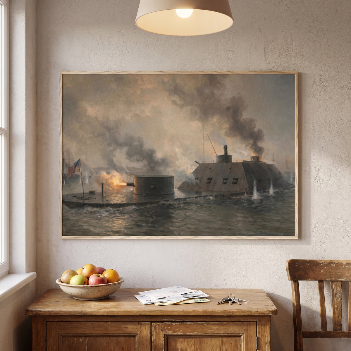 Battle of Hampton Roads framed print hanging in a home interior