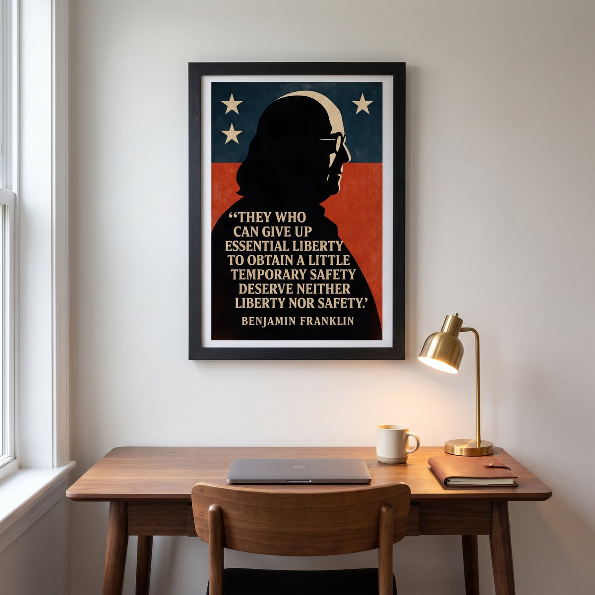 Benjamin Franklin - Essential Liberty framed print hanging in a home interior