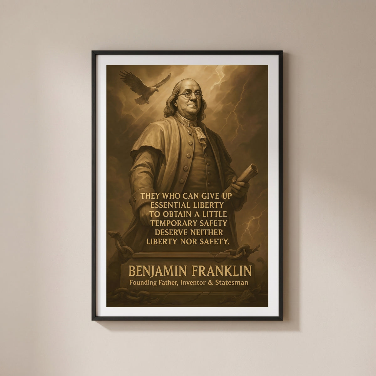 Benjamin Franklin - They Who Can Give up Essential Liberty framed print on a plain wall