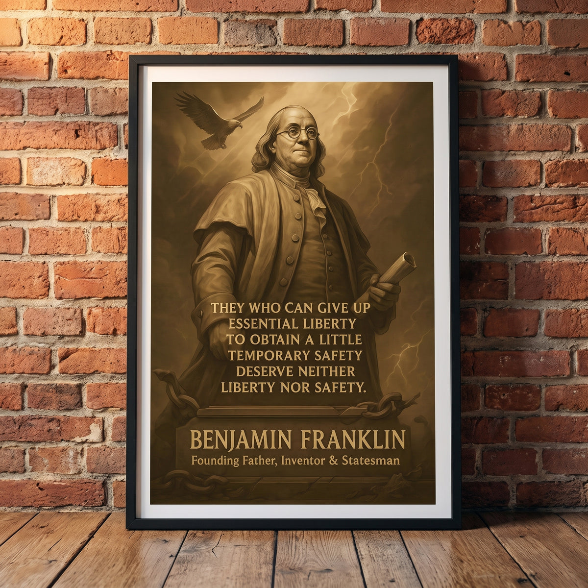 Benjamin Franklin - They Who Can Give up Essential Liberty framed print leaning against a wall