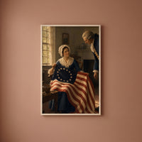 Betsy Ross and the First Flag framed print on a plain wall